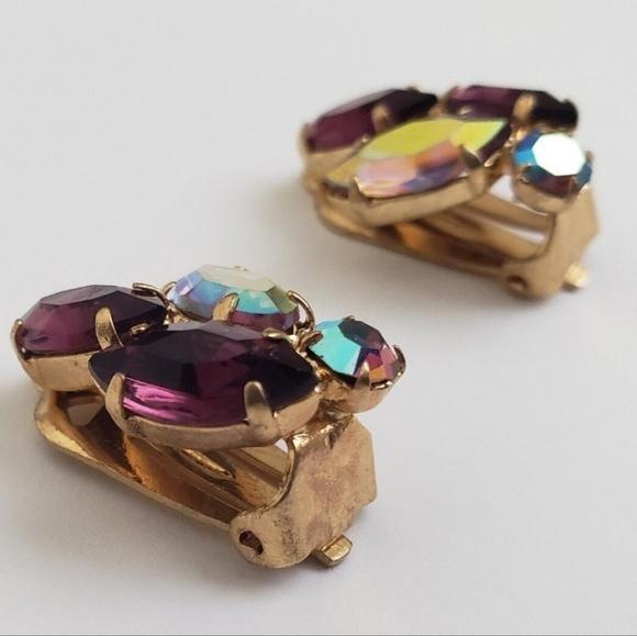Vintage Aurora Borealis Rhinestone and Purple Crystal Clip On Earrings - Picture 3 of 7